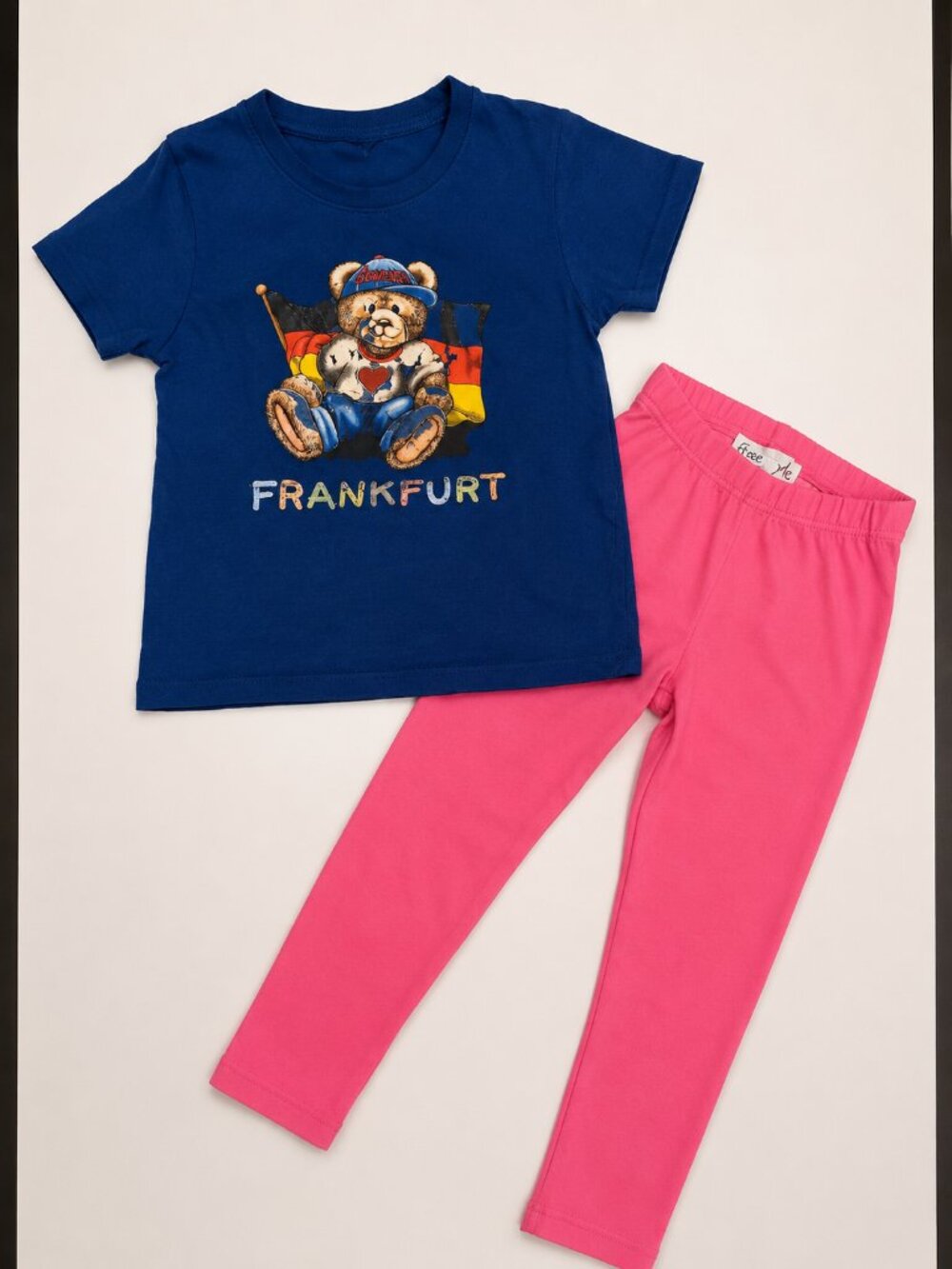 Girls 2 Piece Outfit Blue Bear Tee Pink Leggings Size 5 Set